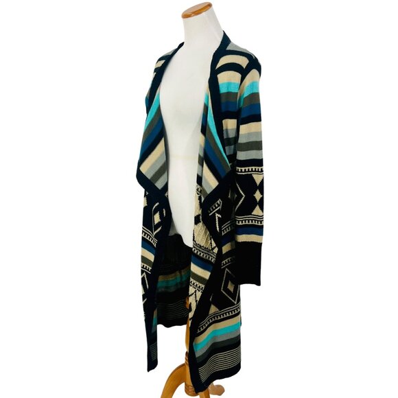 Love Stitch Long Geometric Striped Open Front Waterfall Cardigan Duster - Picture 9 of 16